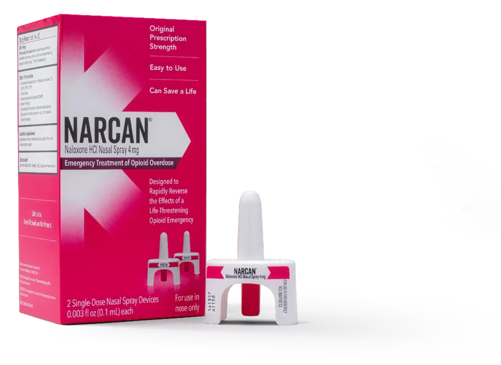 Narcan (naloxone) nasal spray 4 mg box with a single-dose nasal spray device shown in front.